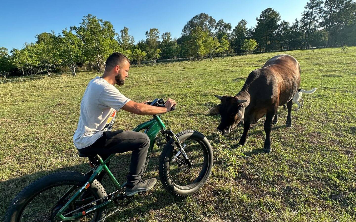 A-man-with-a-Hovalpha-ebike-pedals-through-a-field