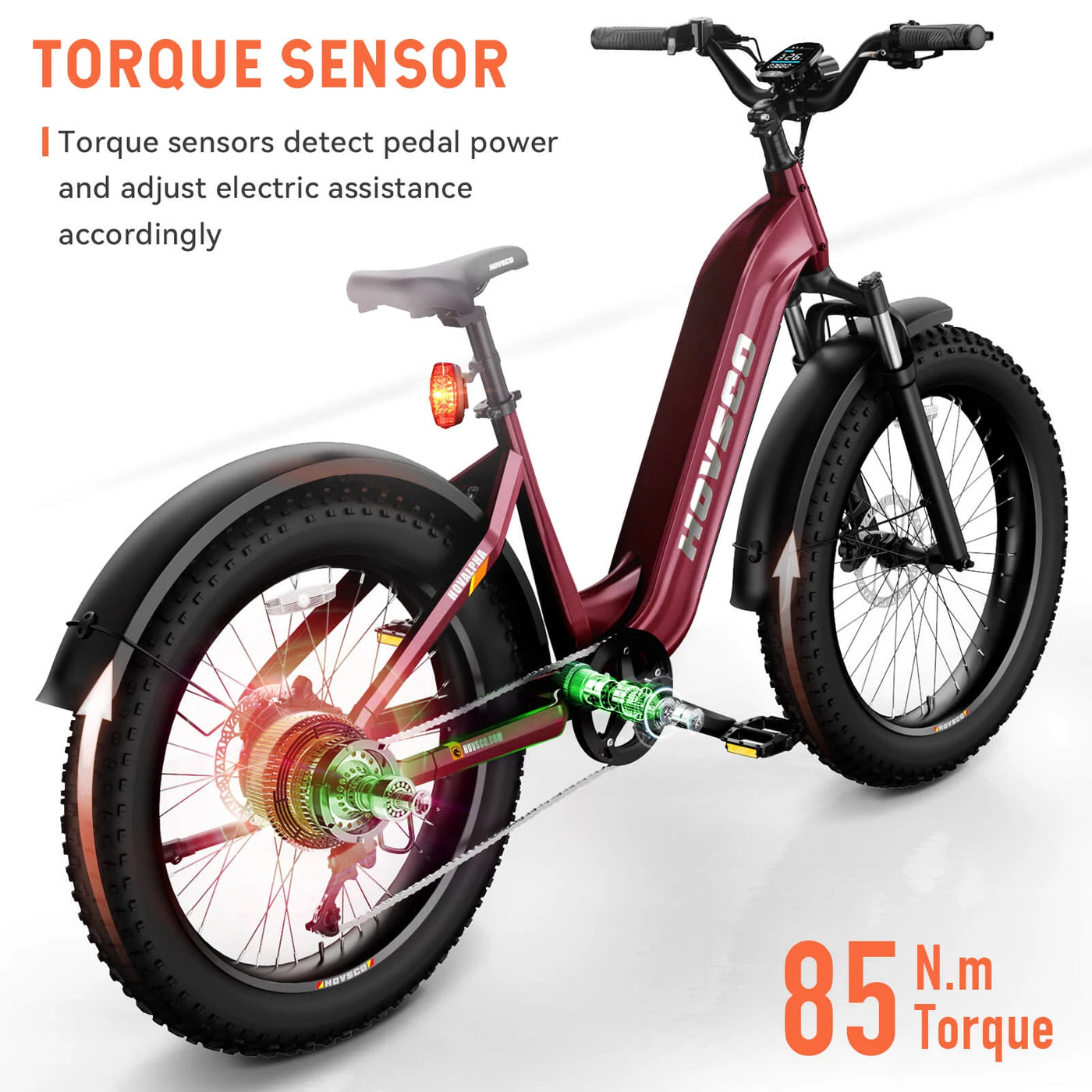 HOVSCO HovAlpha 26 Step Thru Fat Ebike All Terrain Dark Red Torque Sensor